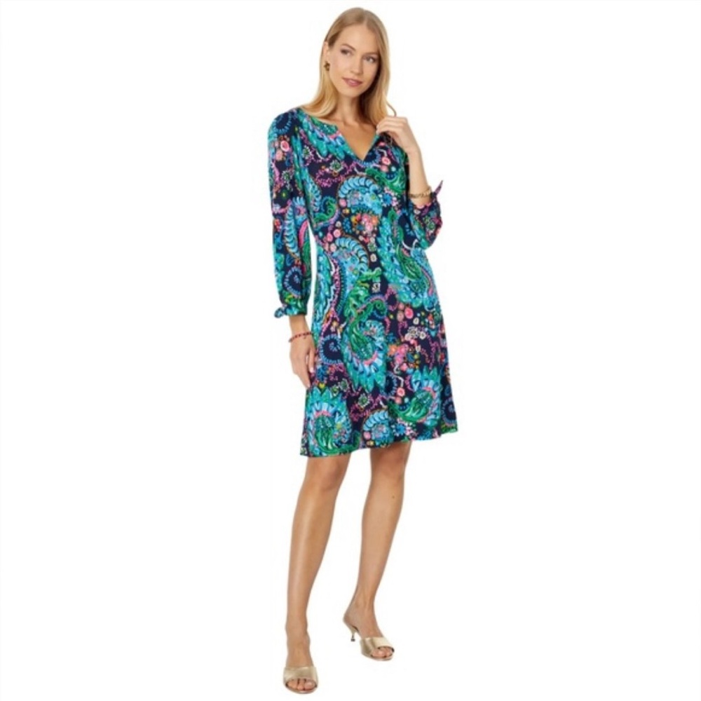 Lilly Pulitzer Long Sleeve V-Neck Paisley Dress in Navy, Teal & Pink